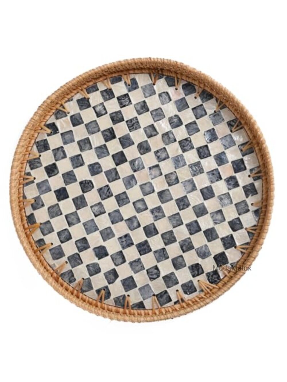Round Rattan Serving Tray Mother of Pearl Inlay Woven Wicker